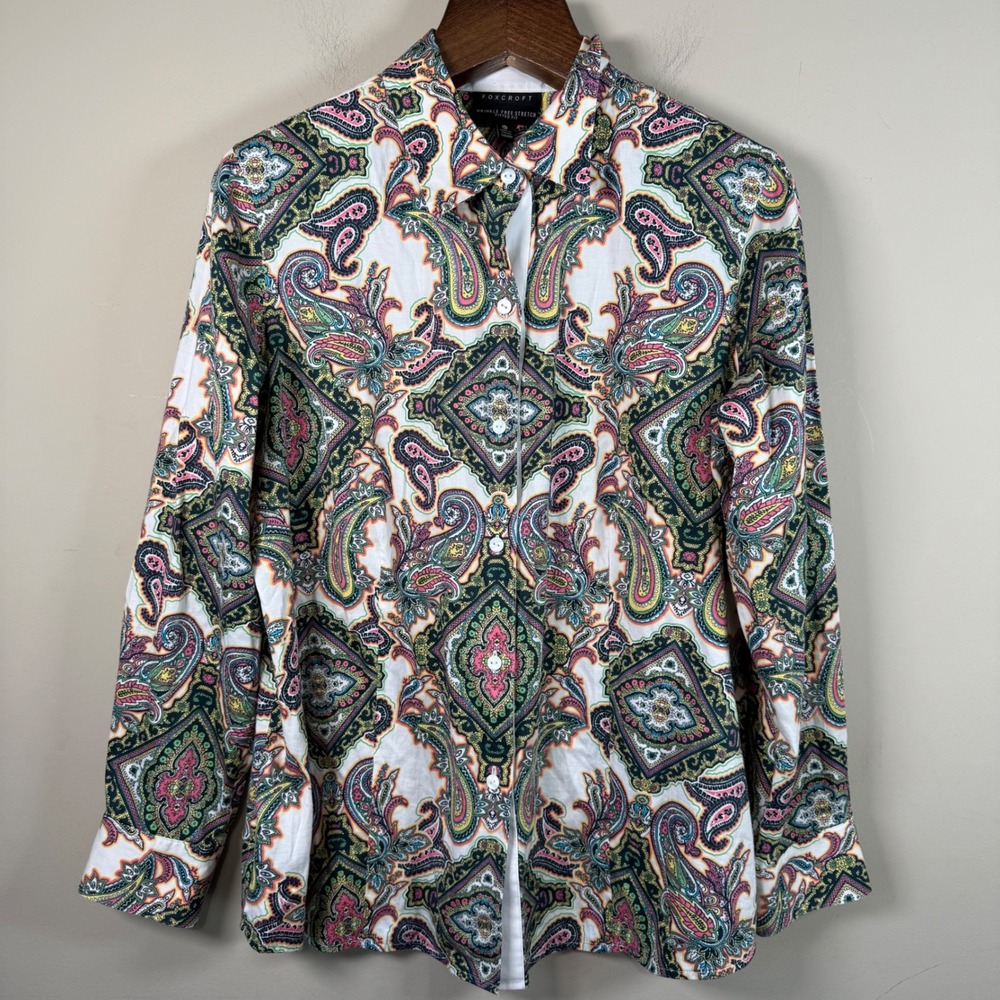 Foxcroft Wrinkle Free Fitted Paisley Button Down Shirt Office Career 14W